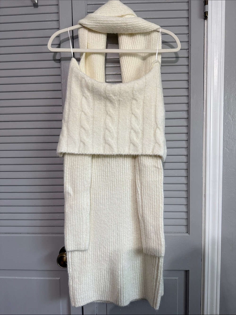 Vici Cream Cable-Knit Halter Sweater Dress with Knit Scarf